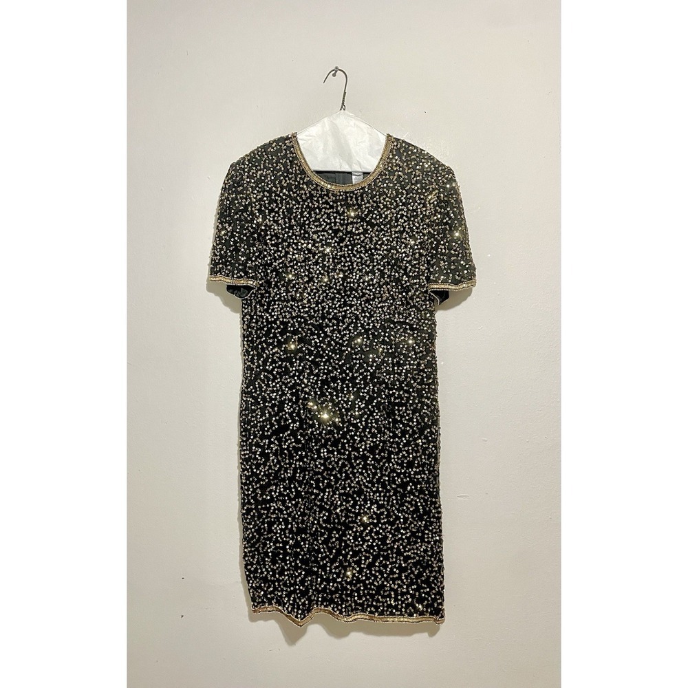 VTG Papell Boutique Evening Formal Silk Sequined Dress Size 16 Gold EUC